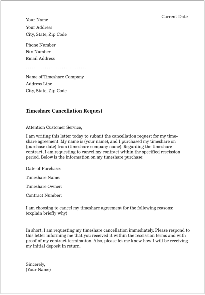 Sample Timeshare Cancellation Letter