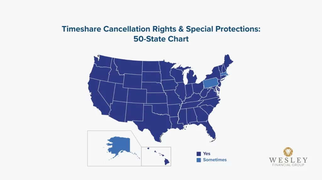 Blue map of U.S. showing which states offer timeshare cancellation protection | Wesley Financial Group